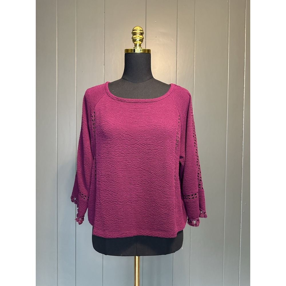 Anthropologie Saturday Sunday Cozy Burgundy Boho Crochet Waffle Knit Top M Mediu